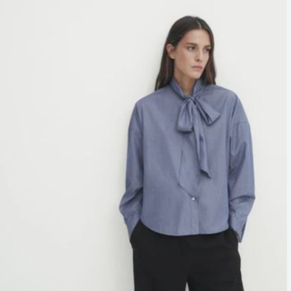 Massimo Dutti Blue Tie-Neck Blouse